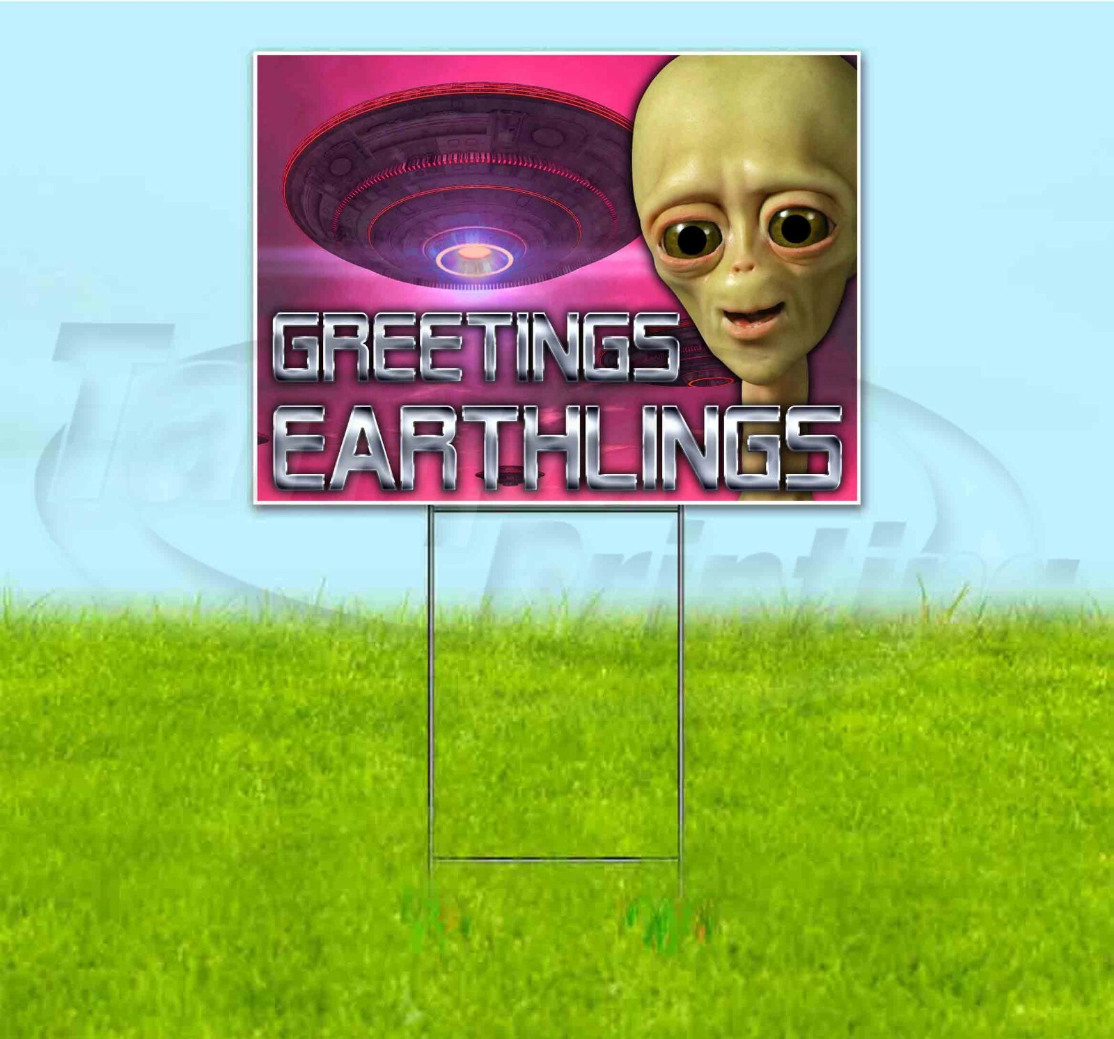 GREETINGS EARTHLINGS 18×24 Yard Sign WITH STAKE Corrugated Bandit AREA 51 ALIEN