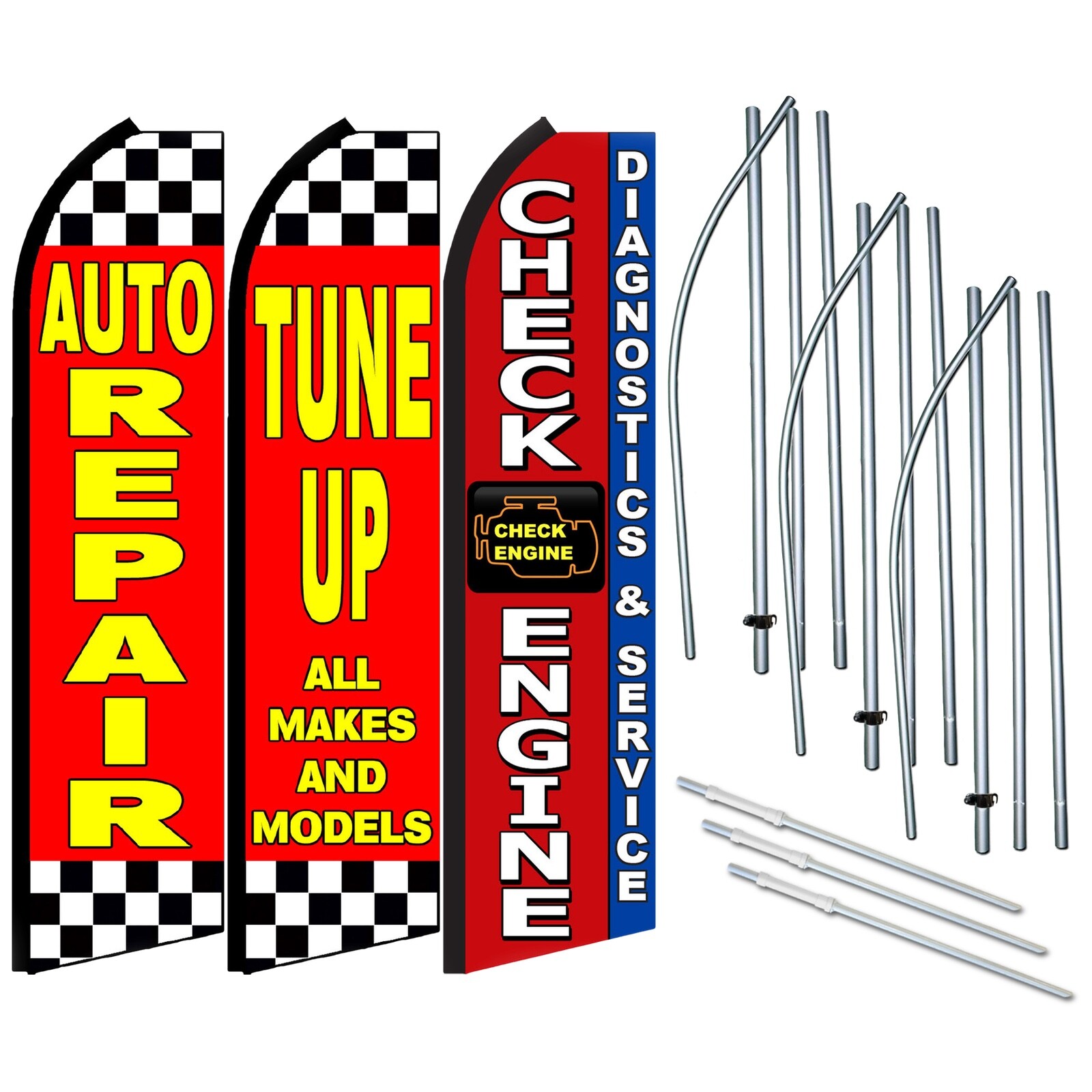 Auto Repair, Tune Up, Check Engine – 3 Pack of Swooper Feather Flag Kits