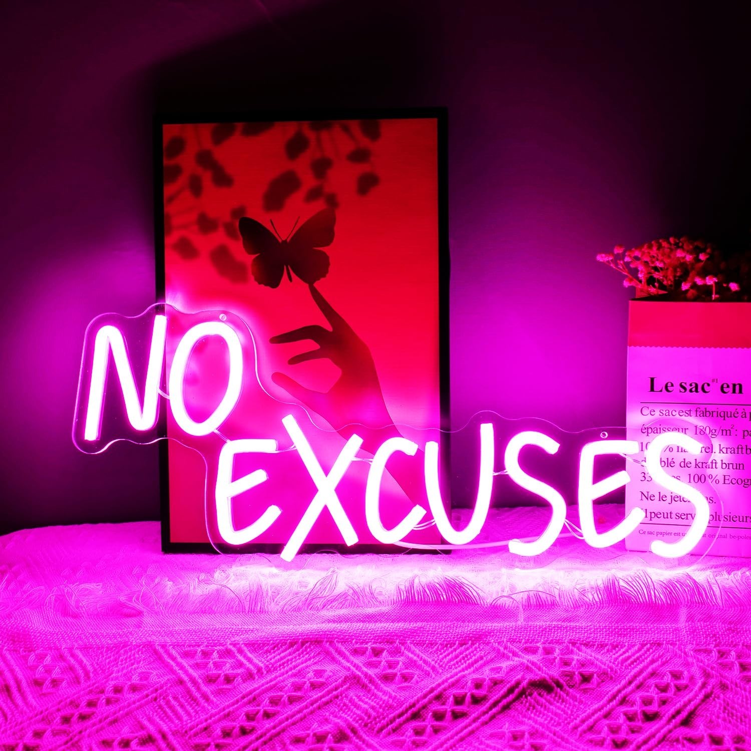 No Excuses Neon Sign Pink Inspirational LED Light Motivational Dimmable Wall …