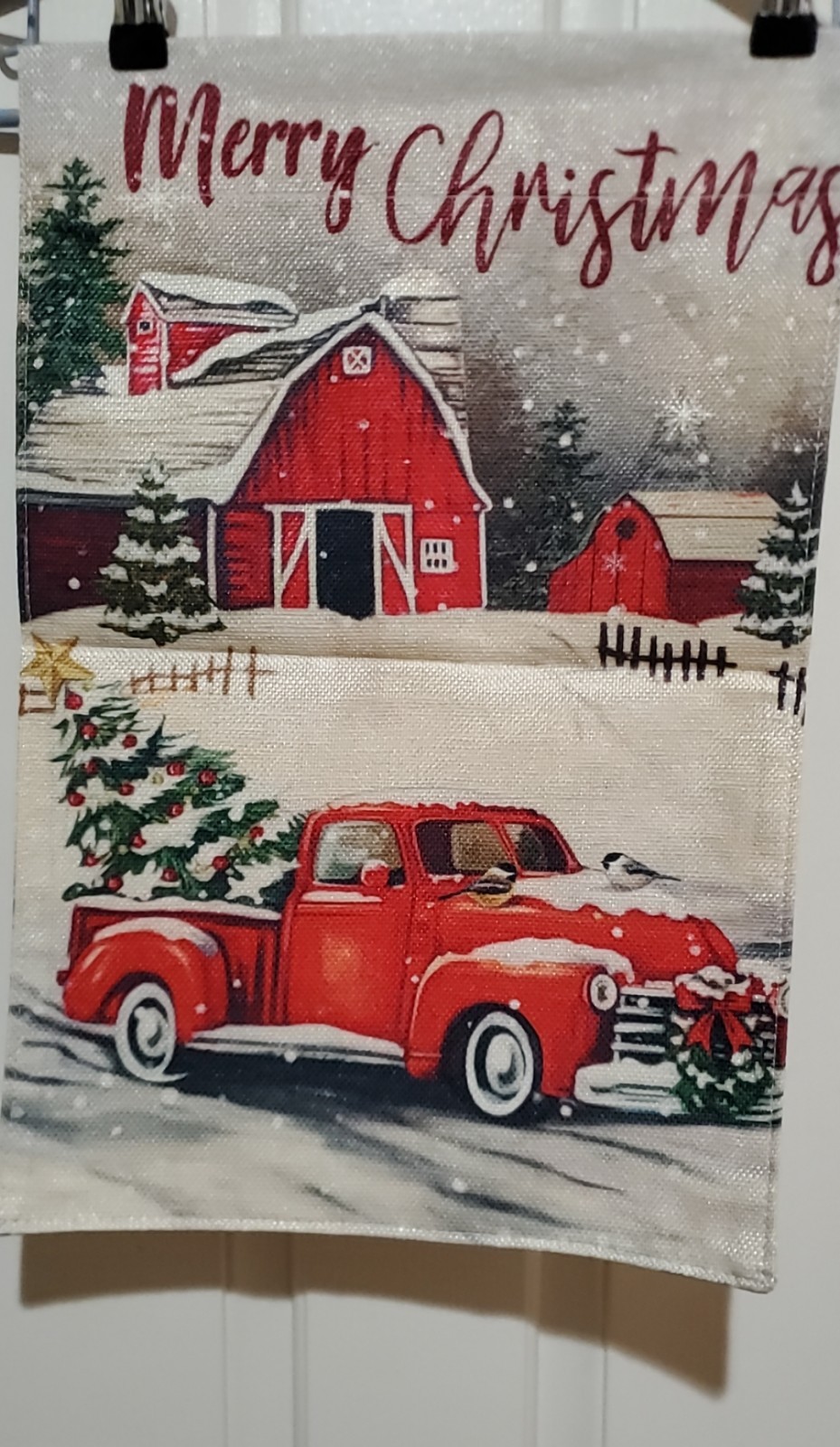 18″INCHES LONG 12″INCHES WIDE CHRISTMAS RED TRUCK BANNER HOME DECOR