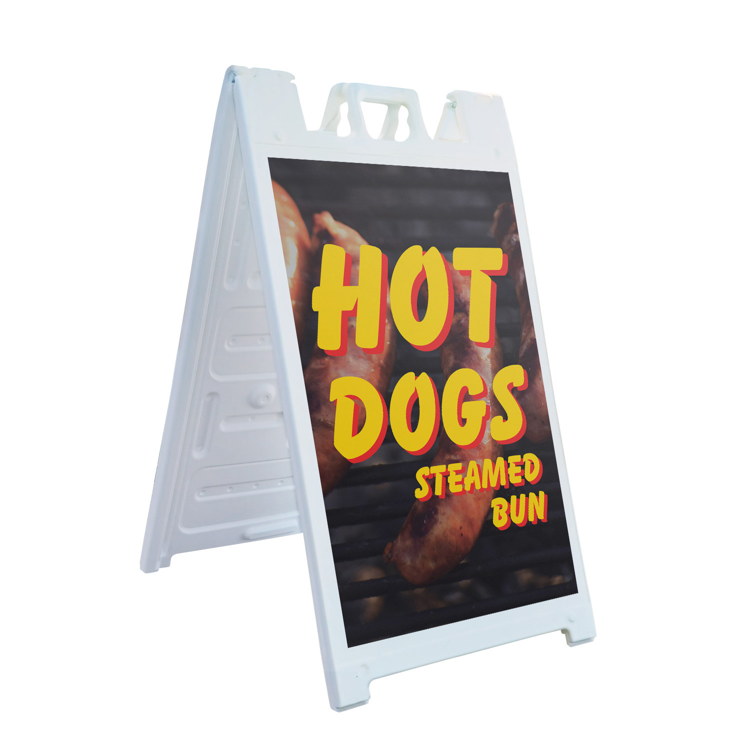 Hot Dogs Steamed Bun Heavy Duty A-Frame Sidewalk Sign Carnival Treats Freshly