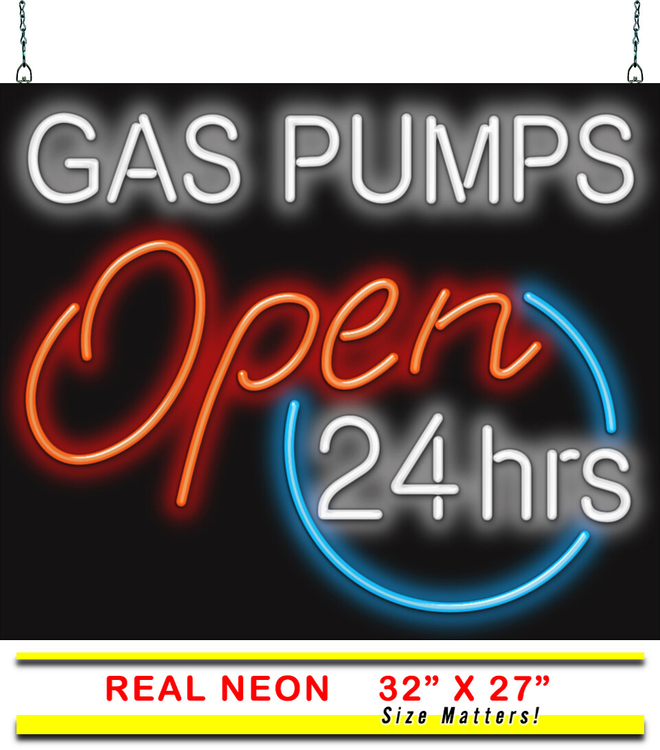 Gas Pumps Open 24 Hrs Neon Sign Jantec 32″ x 27″ Gas Diesel Convenience