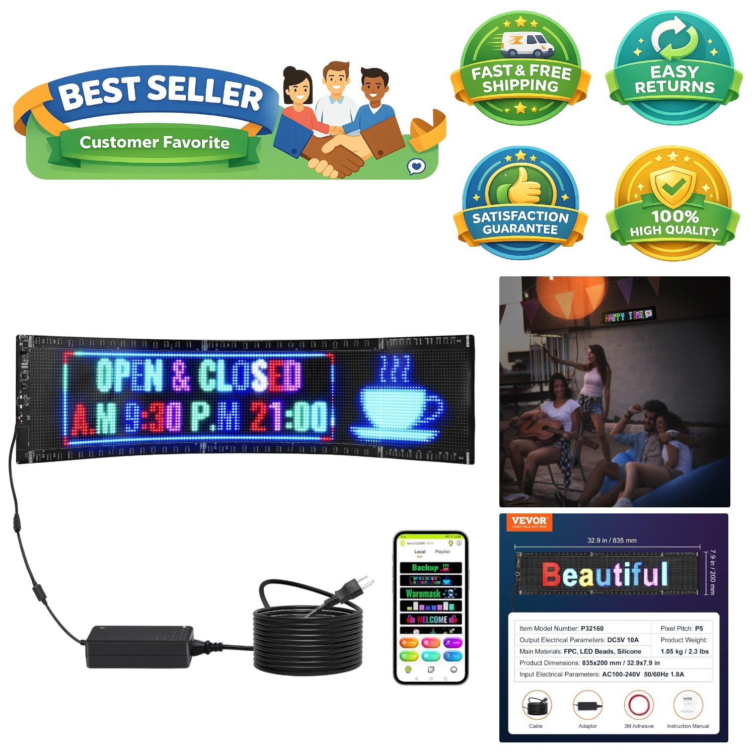 P5 Full Color Scrolling LED Sign with Bluetooth Control – 33”x8” Custom Display