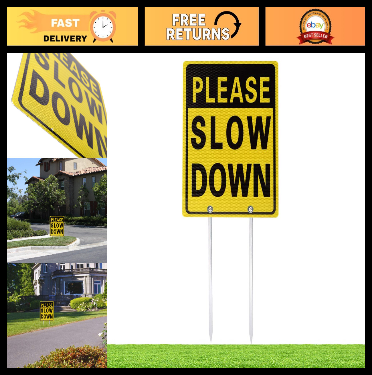 Reflective Please Slow Down Sign – 16″x12″/28″ High, Double-Sided Aluminum with
