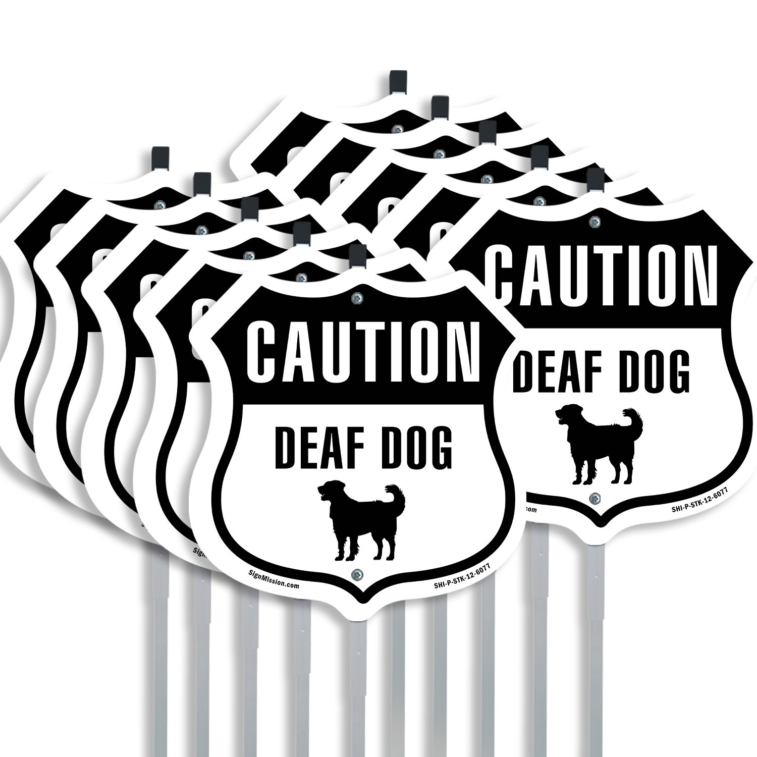Caution Deaf Dog Shield Shaped Sign With Stake Crafted in the USA