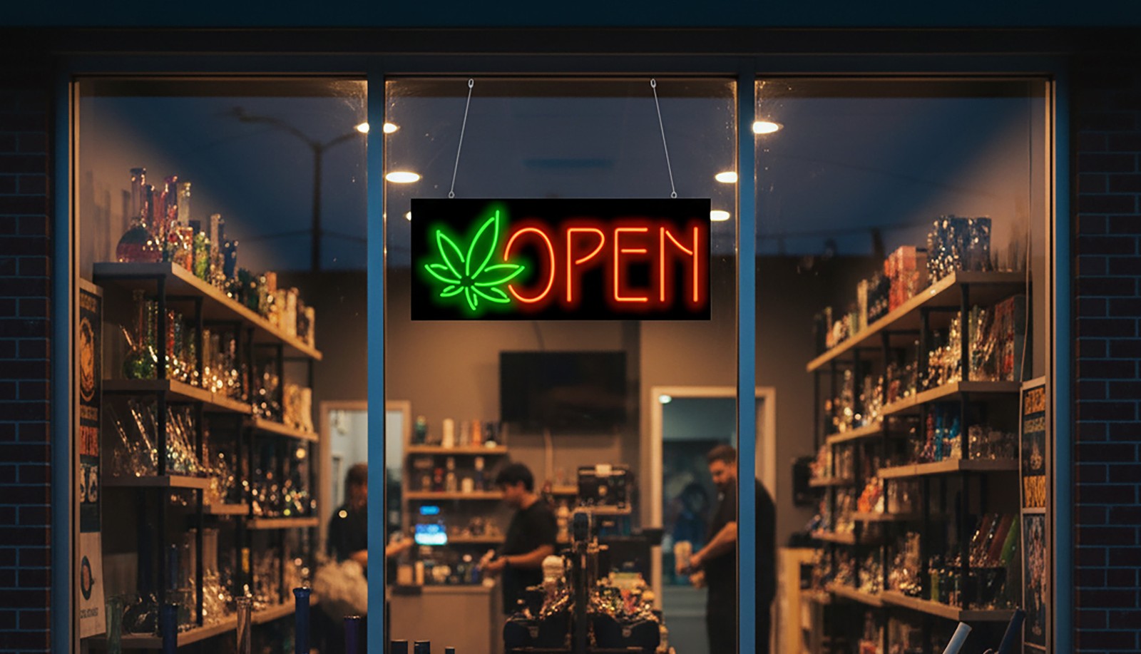 Pot Leaf Open Neon Sign – 32″ x 13″ – Real Green & Red Neon – Dispensary Signs
