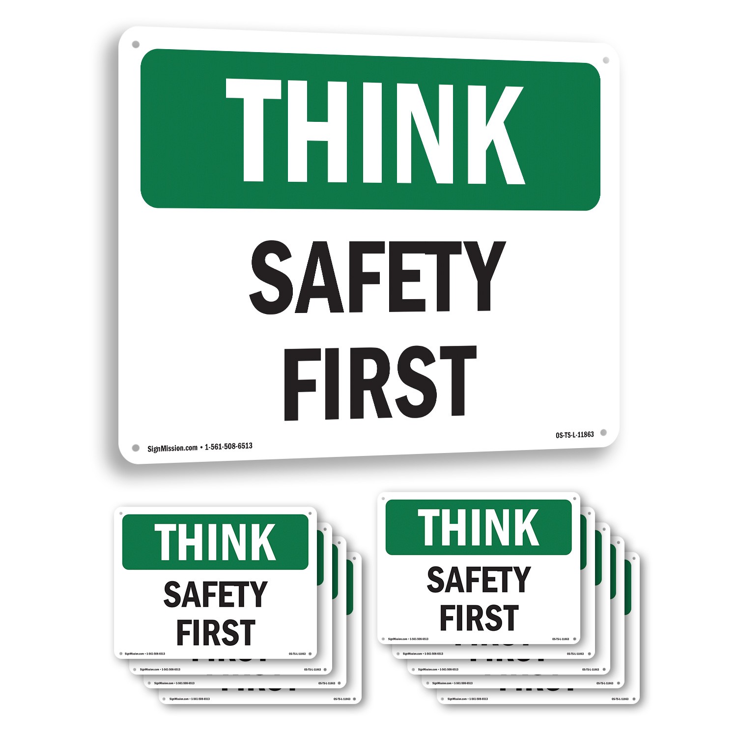 Safety First OSHA Think Sign Metal, Plastic, Or Decal – 5 or 10 Pack