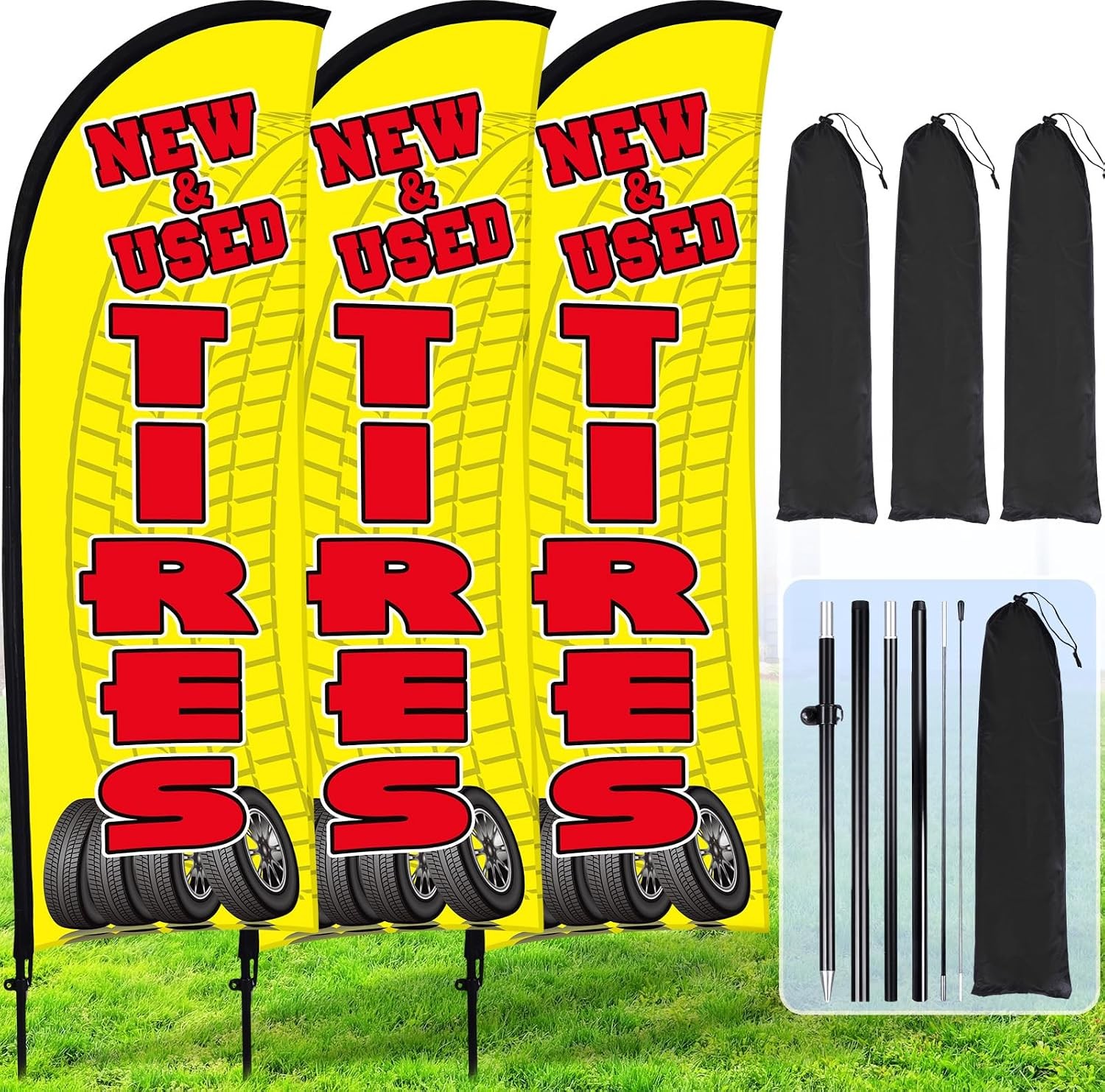 3 Sets Tires Shop Feather Flags W/ Poles 7ft New & Use Tires Flags Businesses