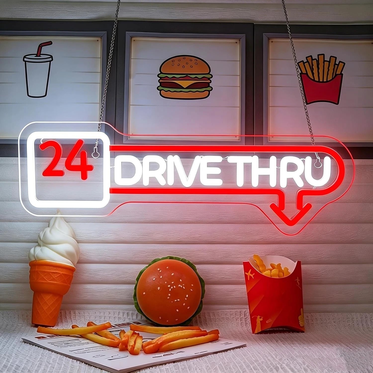 Vibrant 24-Hour Open Neon Sign – LED Drive-Thru Light for Restaurants & Cafes