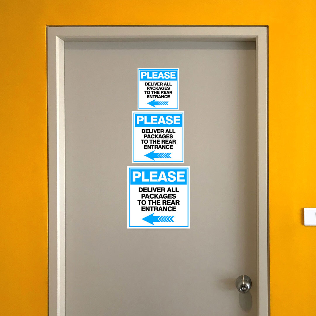 Square Plus Please Deliver All Packages To The Rear Entrance Left Arrow Sign