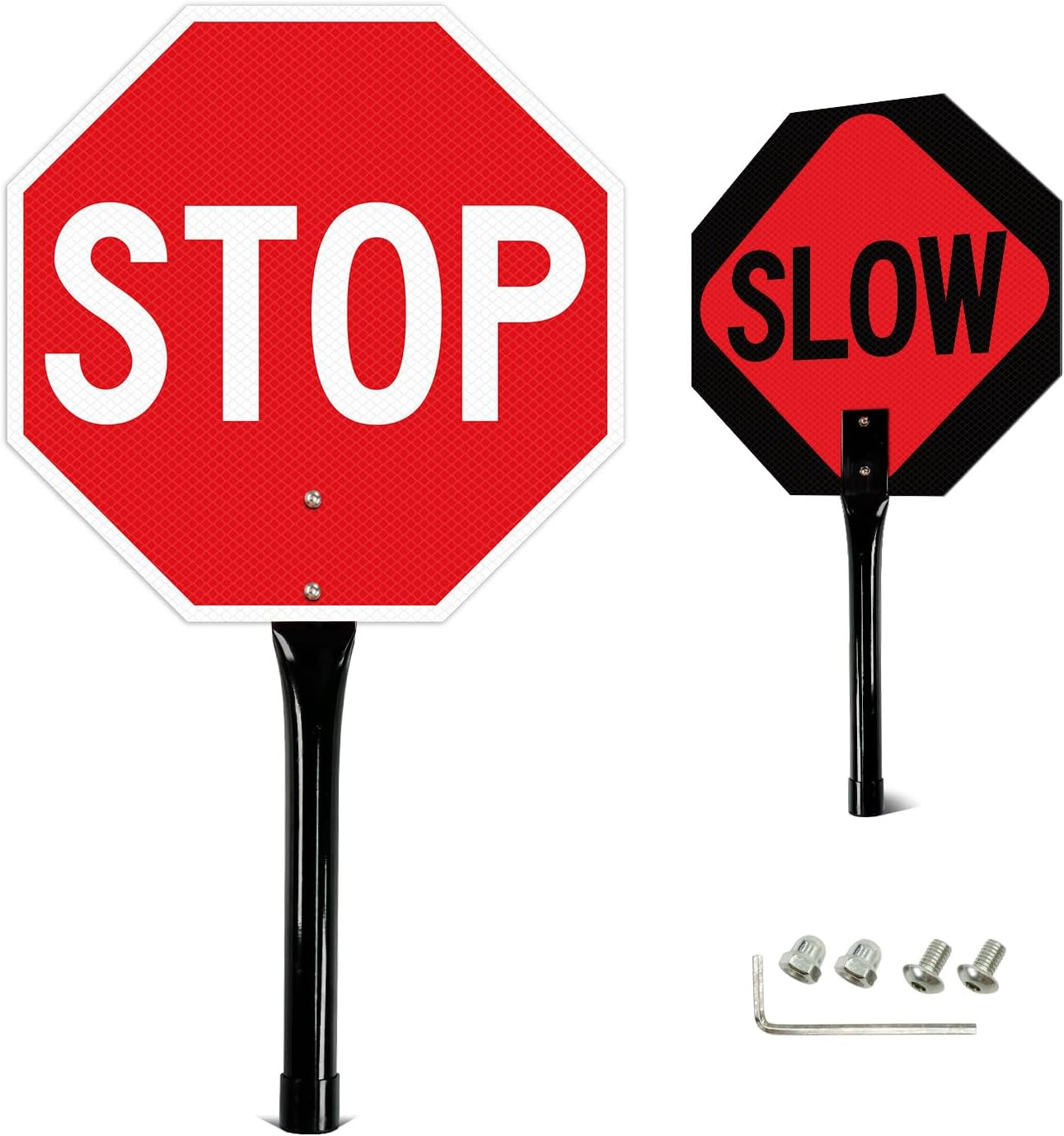 Stop Slow Sign with Metal Handle, 13×13 inches Double Sided Slow/Stop sign, T…
