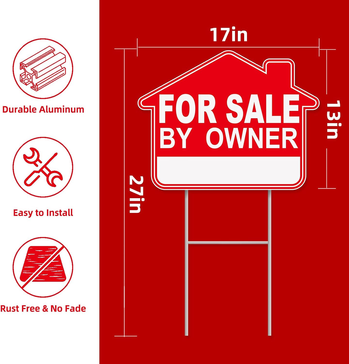 For Sale By Owner Yard Sign, 1-Pack 17″x13″ Double-Sided Signs, Corrugated Plast