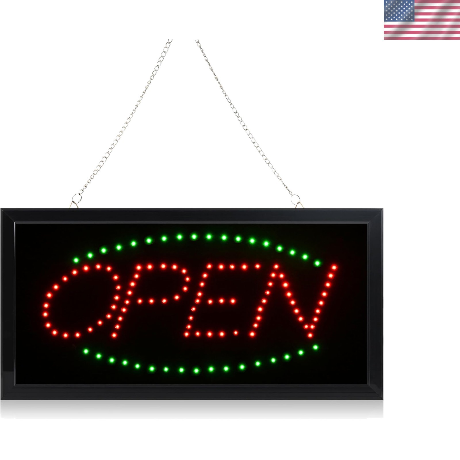 19×10 Inch Indoor LED Neon Open Sign with Hanging Chain – Green/Red Illumination