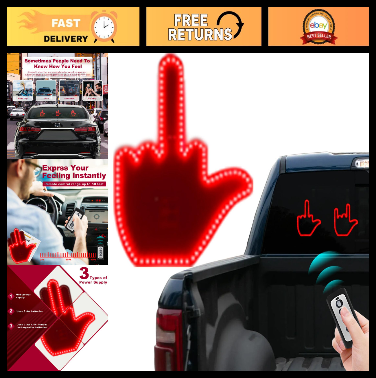LED Middle Finger Car Light – Glo Hand Gesture Sign for Window, Remote Control F