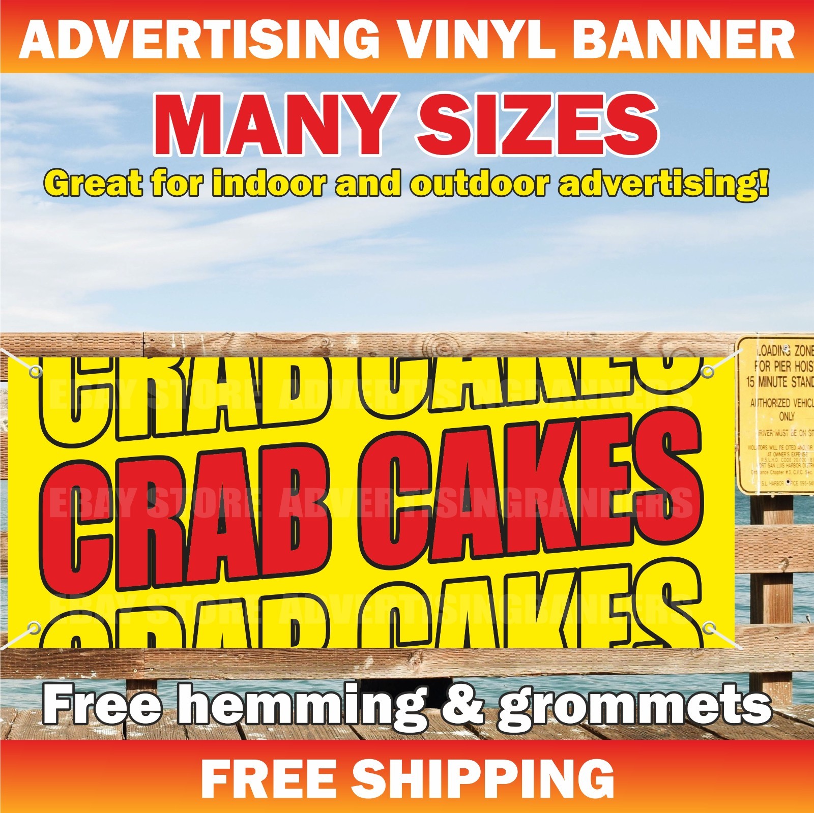 CRAB CAKES Advertising Banner Vinyl Mesh Sign Seafood Bar Fish Octopus Bakery