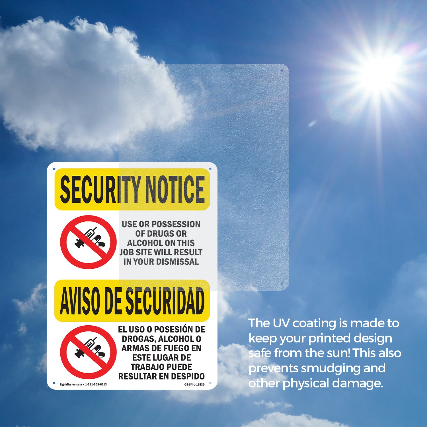 Drugs Or Alcohol Dismiss Bilingual OSHA Security Notice Sign, Decal 5 or 10 Pack