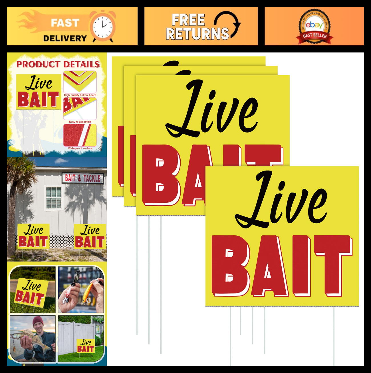 3 Pack Live Bait Yard Signs with Stakes – Double Sided Weatherproof Lawn Adverti