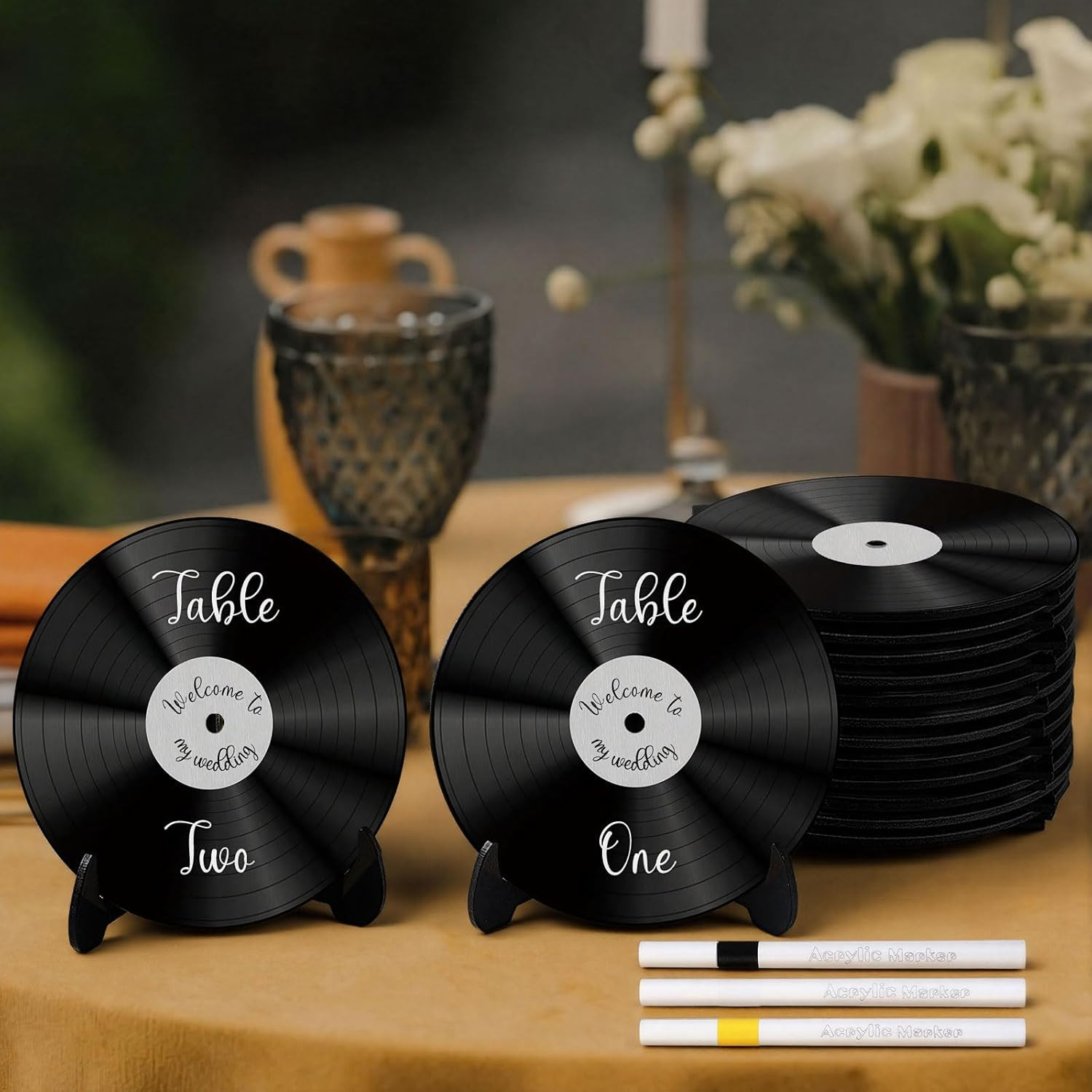 12 Pcs Vinyl Record Wood Wedding Table Numbers with Easel Stand Retro Music Wedd