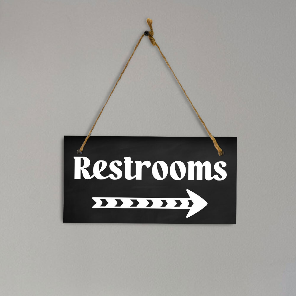 Restrooms Right Arrow 5×10 Hanging Plus Wall or Door Sign | Bathroom Decor