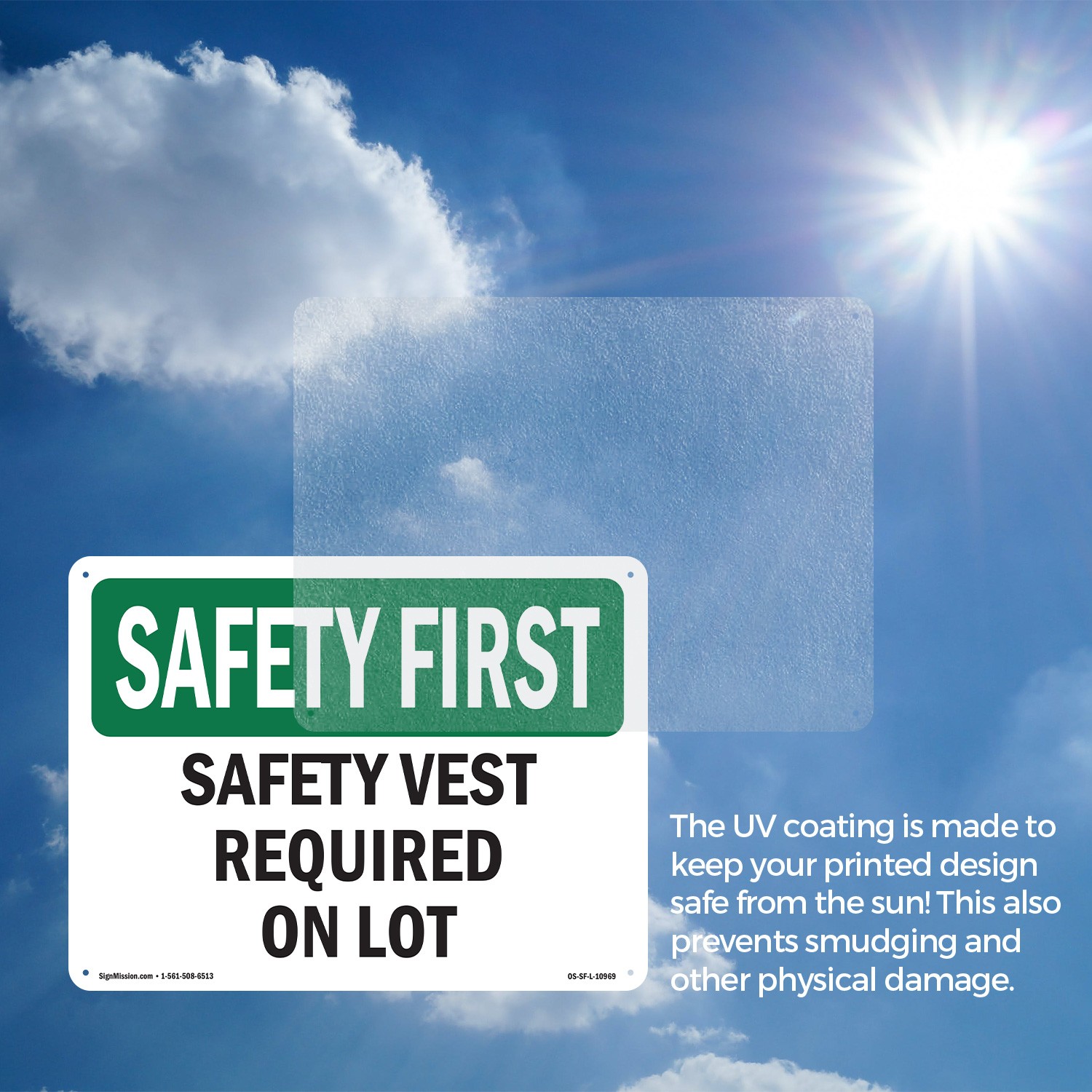 Safety Vest Required On Lot OSHA SAFETY FIRST Sign Metal, Decal – 5 or 10 Pack