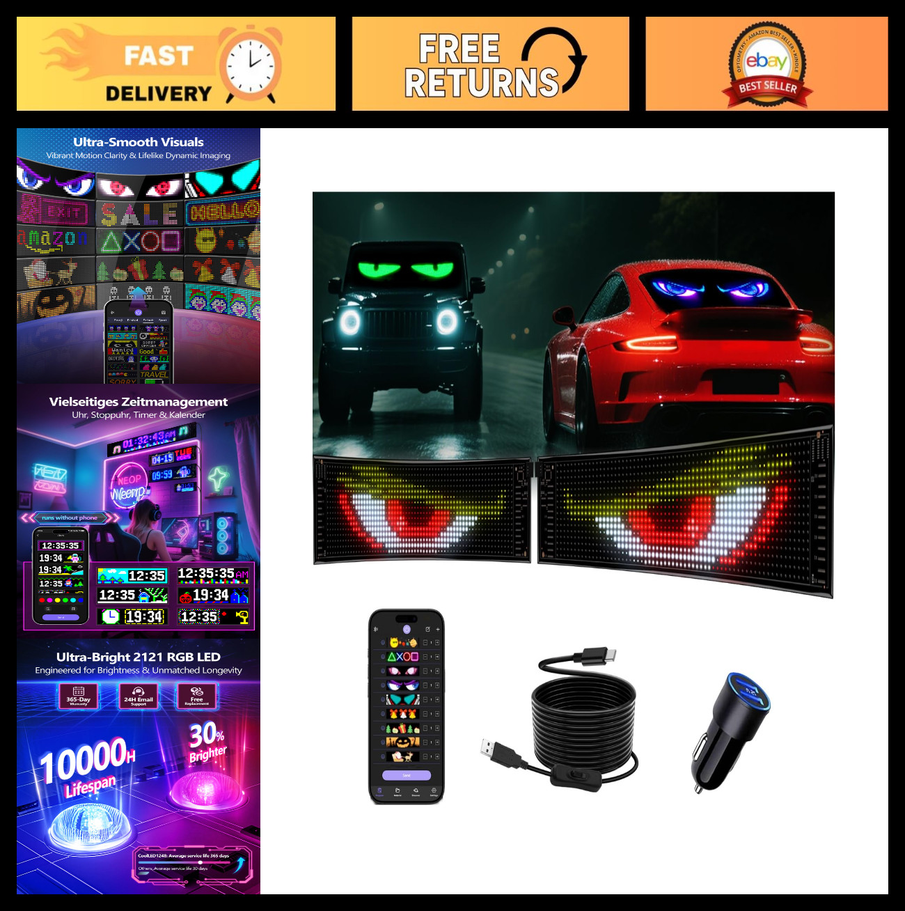 2PCS Programmable LED Matrix Devil Eyes for Cars – Custom Text Windshield Sign