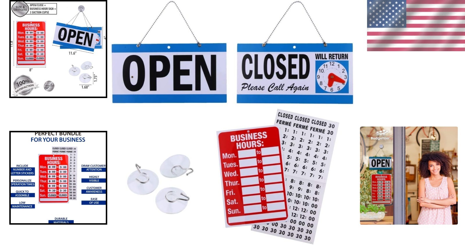 Bright Open Closed Signs for Business 4 Piece Set with Customization Options