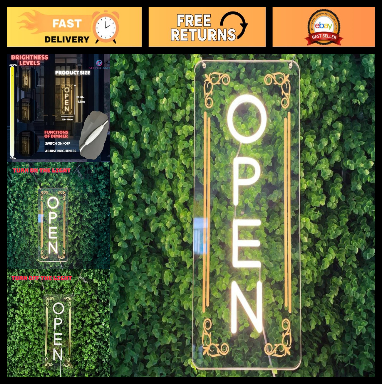 Vertical LED Open Sign – USB Powered Neon Wall Light for Business, Shop, Window
