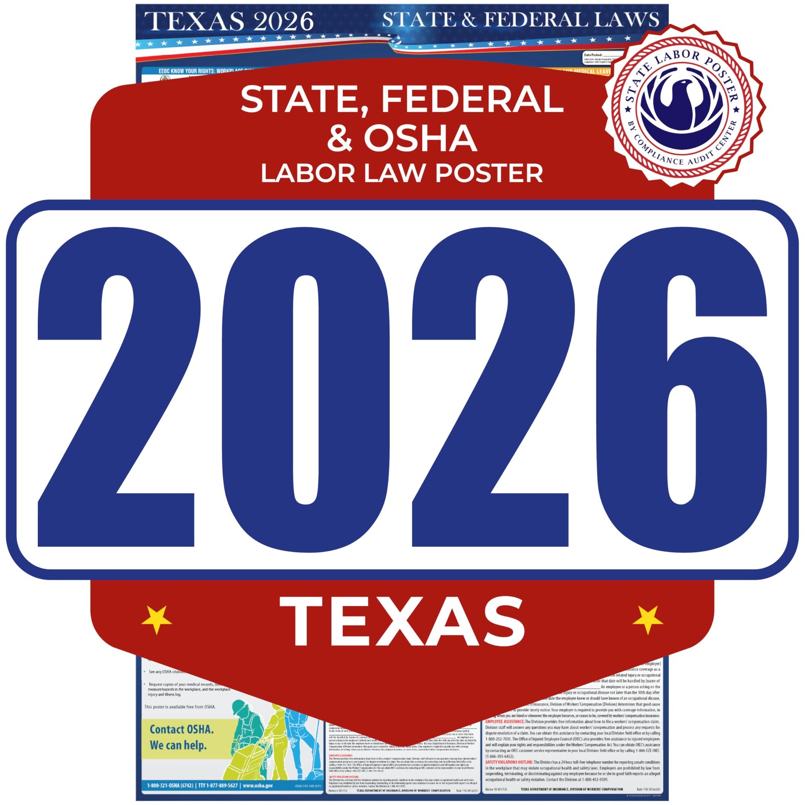 2026 Texas State and Federal Labor Law Poster OSHA Workplace Compliant Mandatory