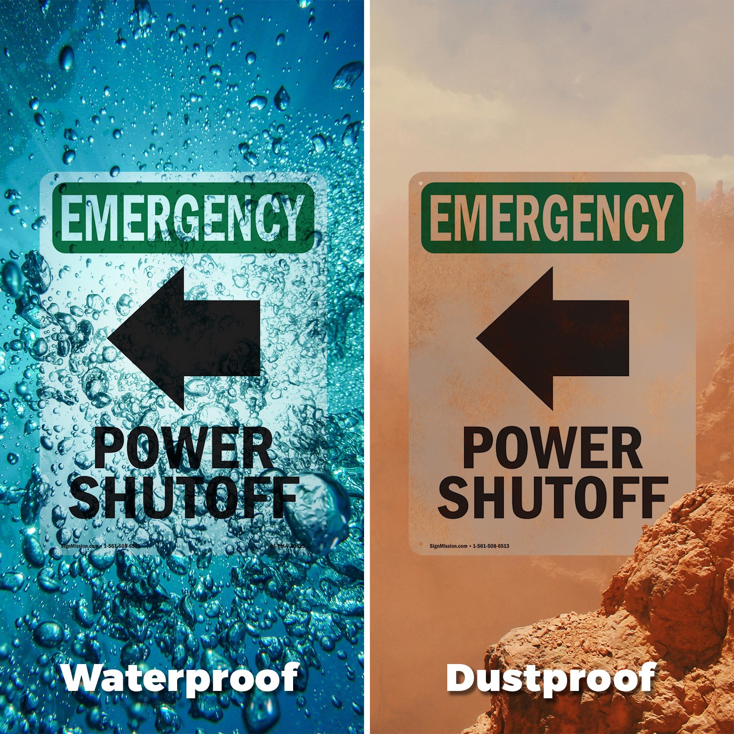 Power Shutoff [Left Arrow] With Symbol OSHA Emergency Sign, Decal 5 or 10 Pack