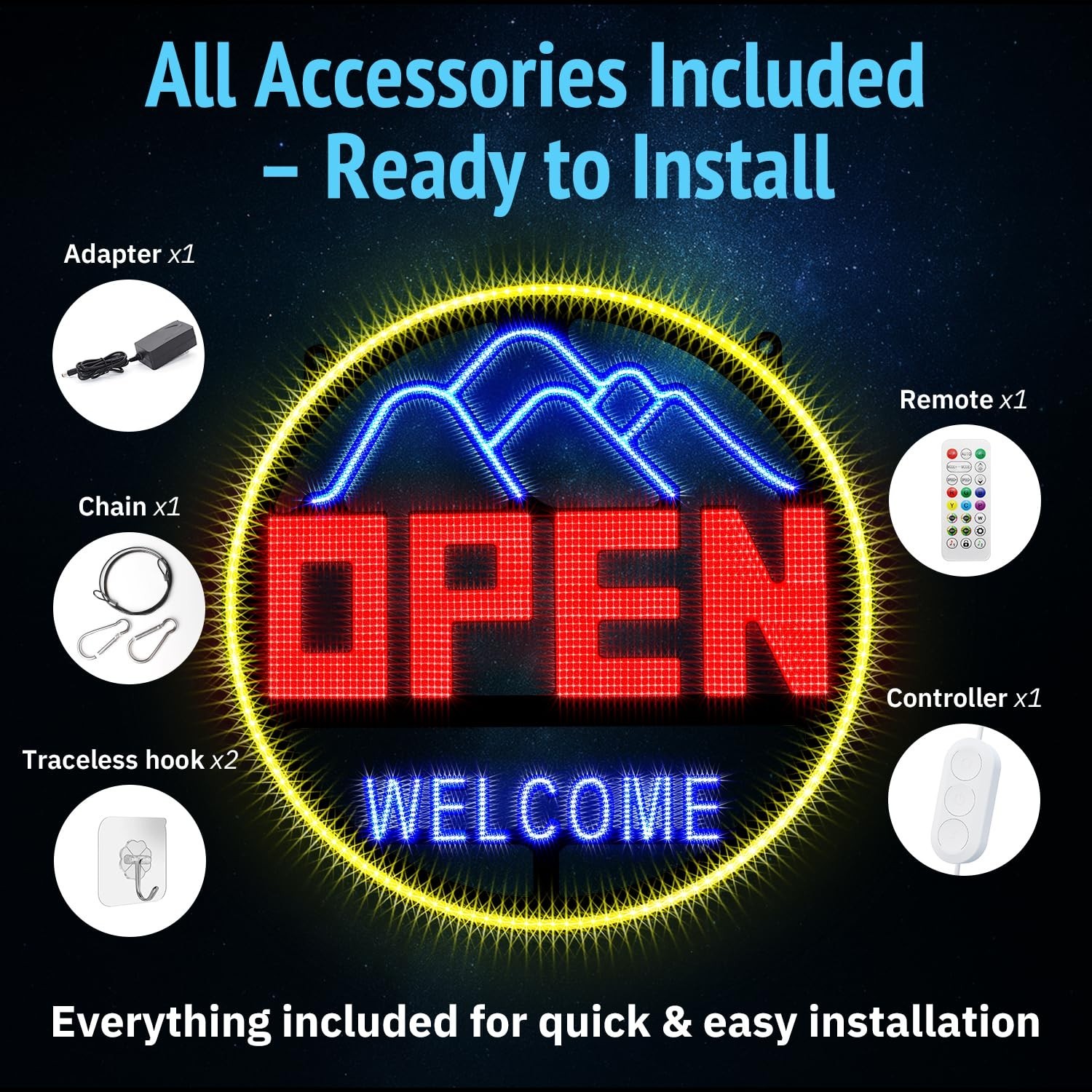 Bright LED Open Sign 16″x16″ – Remote Control, DIY Colors, Timer, 48 Modes, Adju