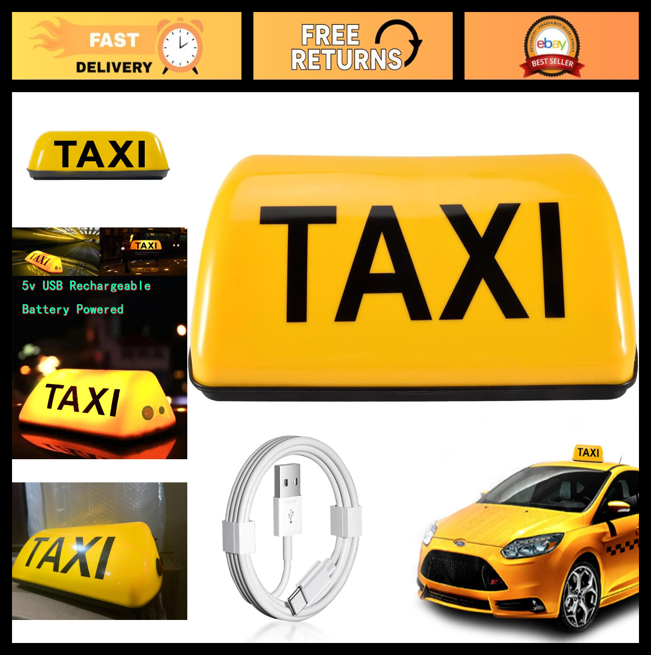 Rechargeable Taxi Roof LED Sign – Magnetic Cab Light with USB Type C – 120 km/h