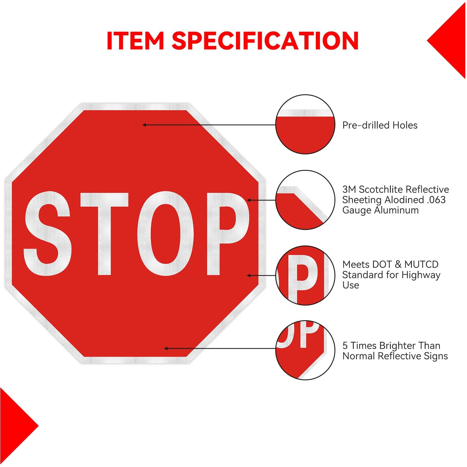 Stop sign, 12 x 12 inch octagonal high strength aluminum reflective panel, wa…