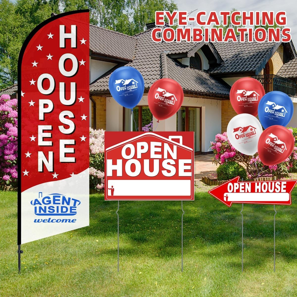 56 Piece Open House Signs for Real Estate Kit, 1 Open House Flag, 9 Double-Sided