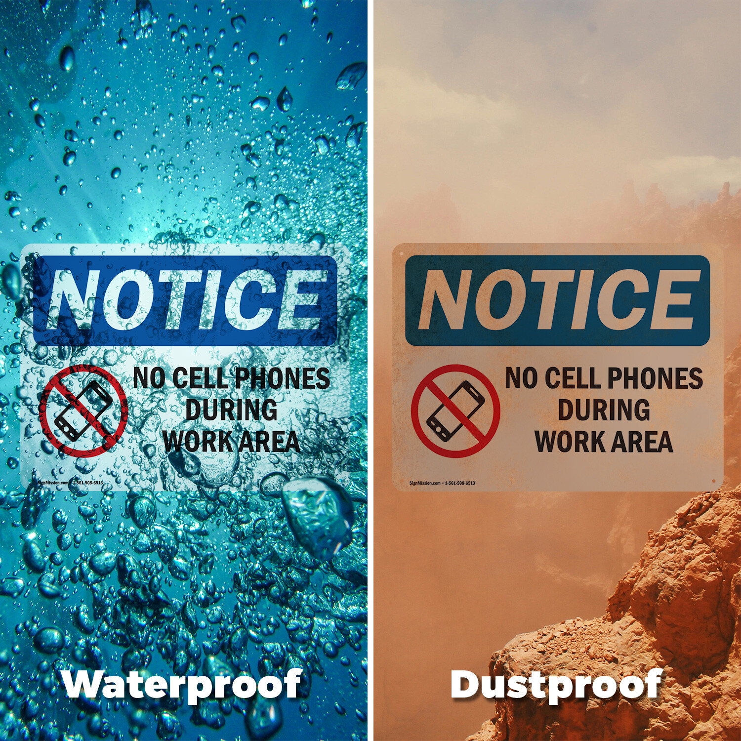 (2 Pack) No Cell Phones During Work Hours OSHA Notice Sign Decal Metal Plastic