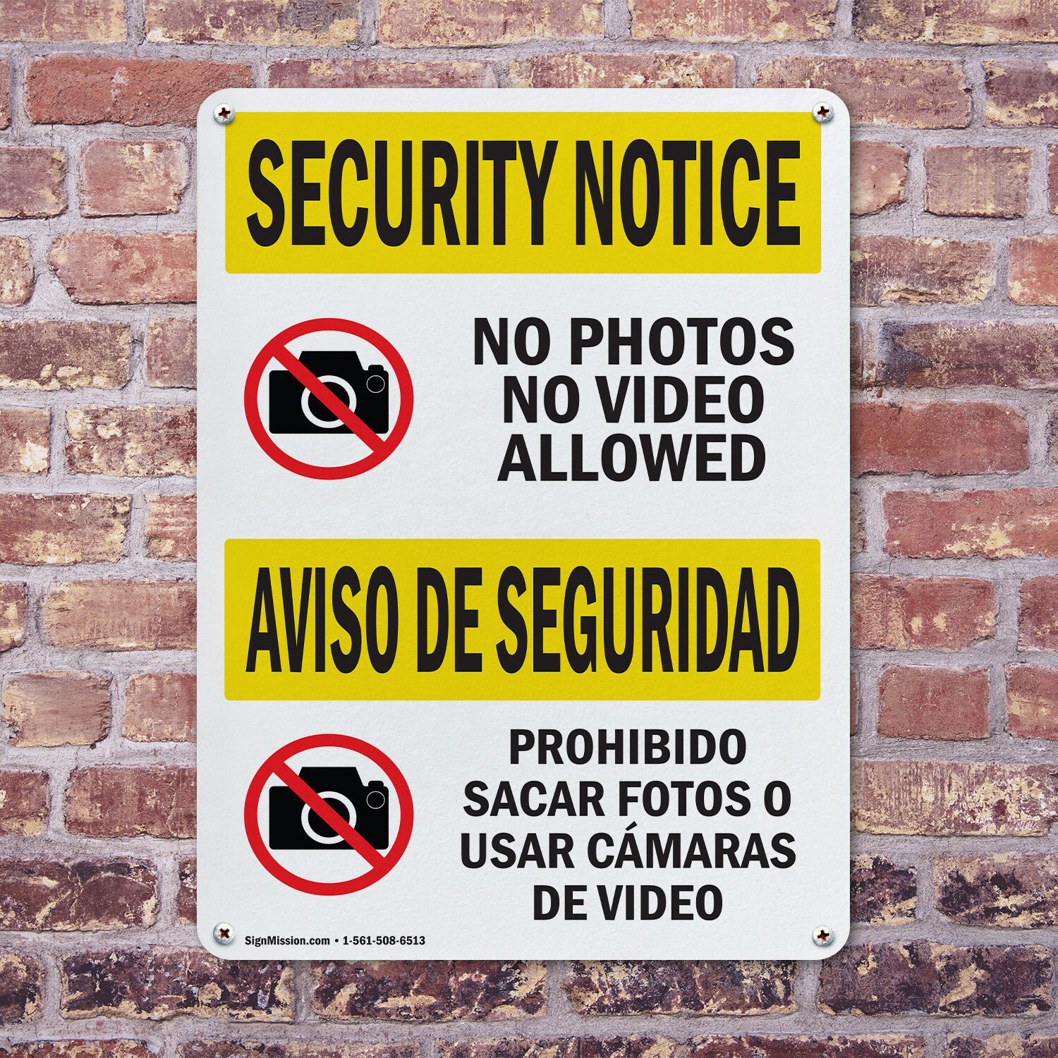 (2 Pack) No Photos Or Video Bilingual OSHA Security Notice Sign Decal Metal