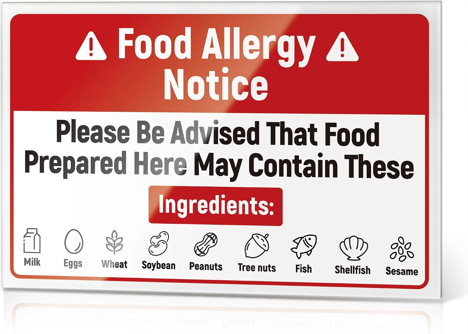 Upgraded Food Allergy Notice Sign, 9 Food Allergens Acrylic Caution Warning Sign