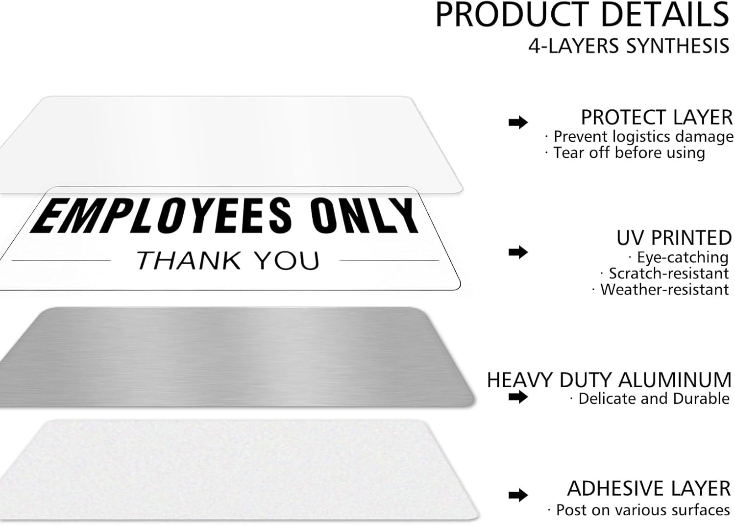 Employees Only 9×3 Inch Aluminum Silver Sign for Business Self-Adhesive Metal Do