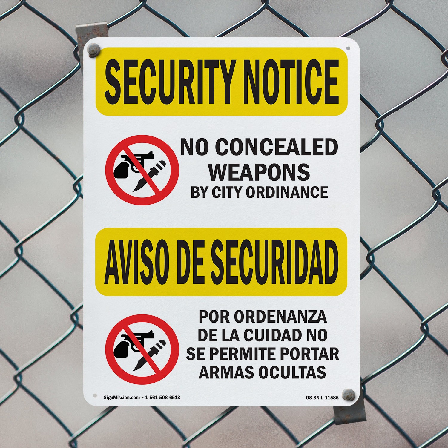 No Concealed Weapons Bilingual OSHA Security Notice Sign Or Decal – 5 or 10 Pack