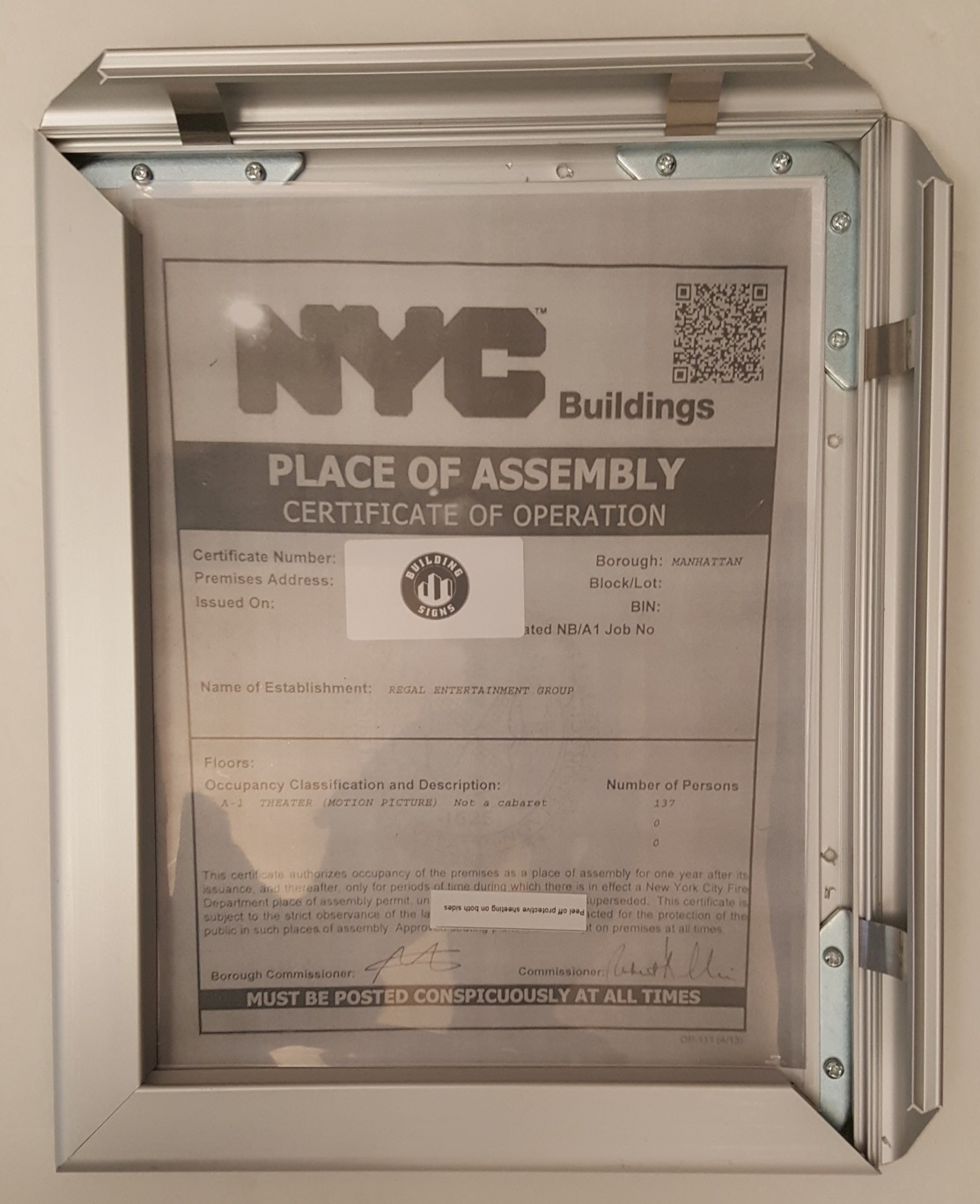 NYC PLACE OF ASSEMBLY CERTIFICATE OF OPERATION FRAME-REF24-1027
