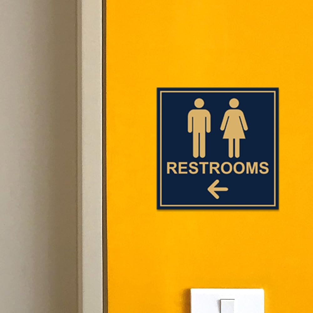 Square Restrooms Left Arrow Sign Black Large Door Wall Public Plate