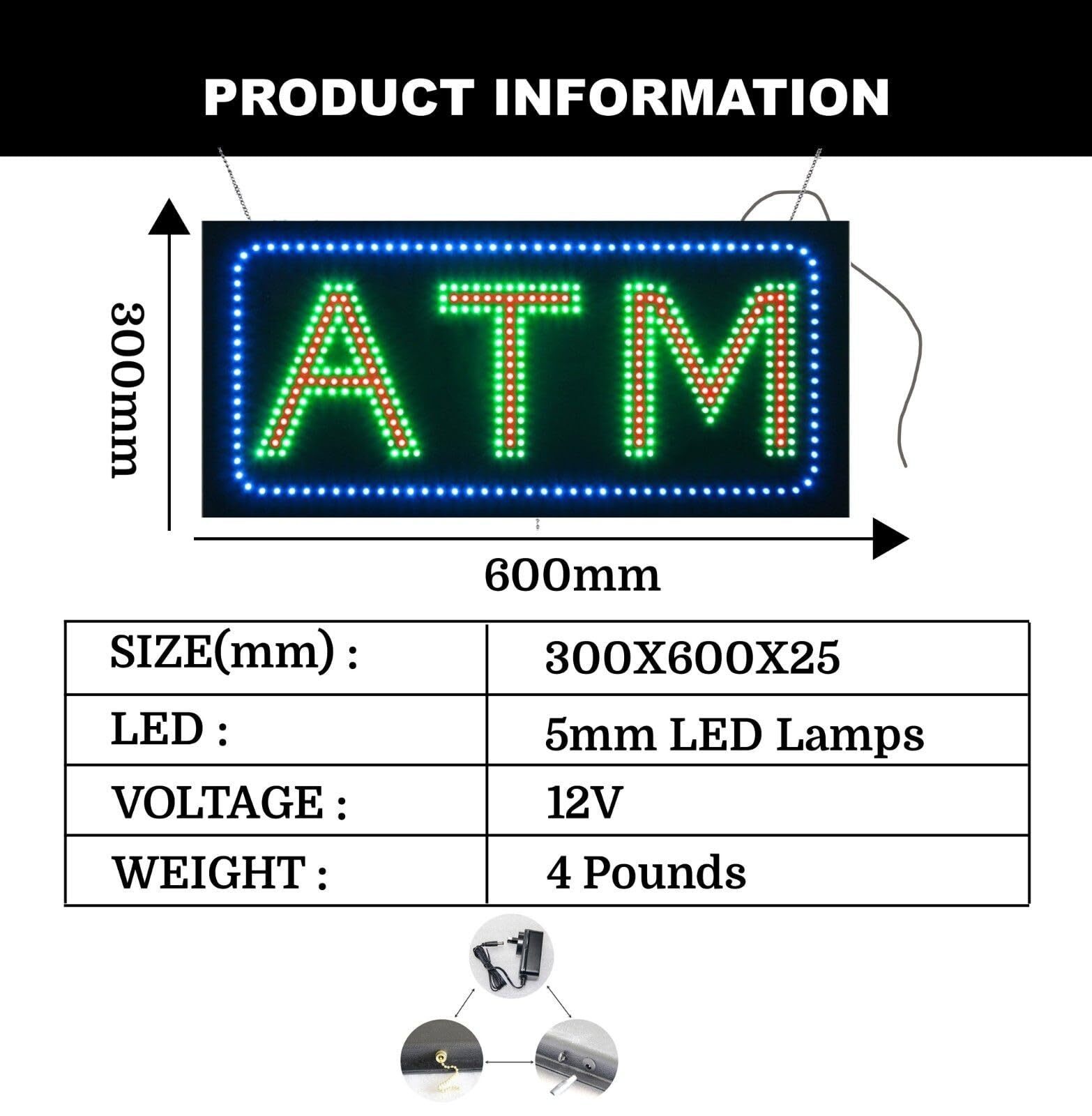 LED ATM Sign for Retail Business Displays | Light Up Sign | 12″H x 24″W x 2″D