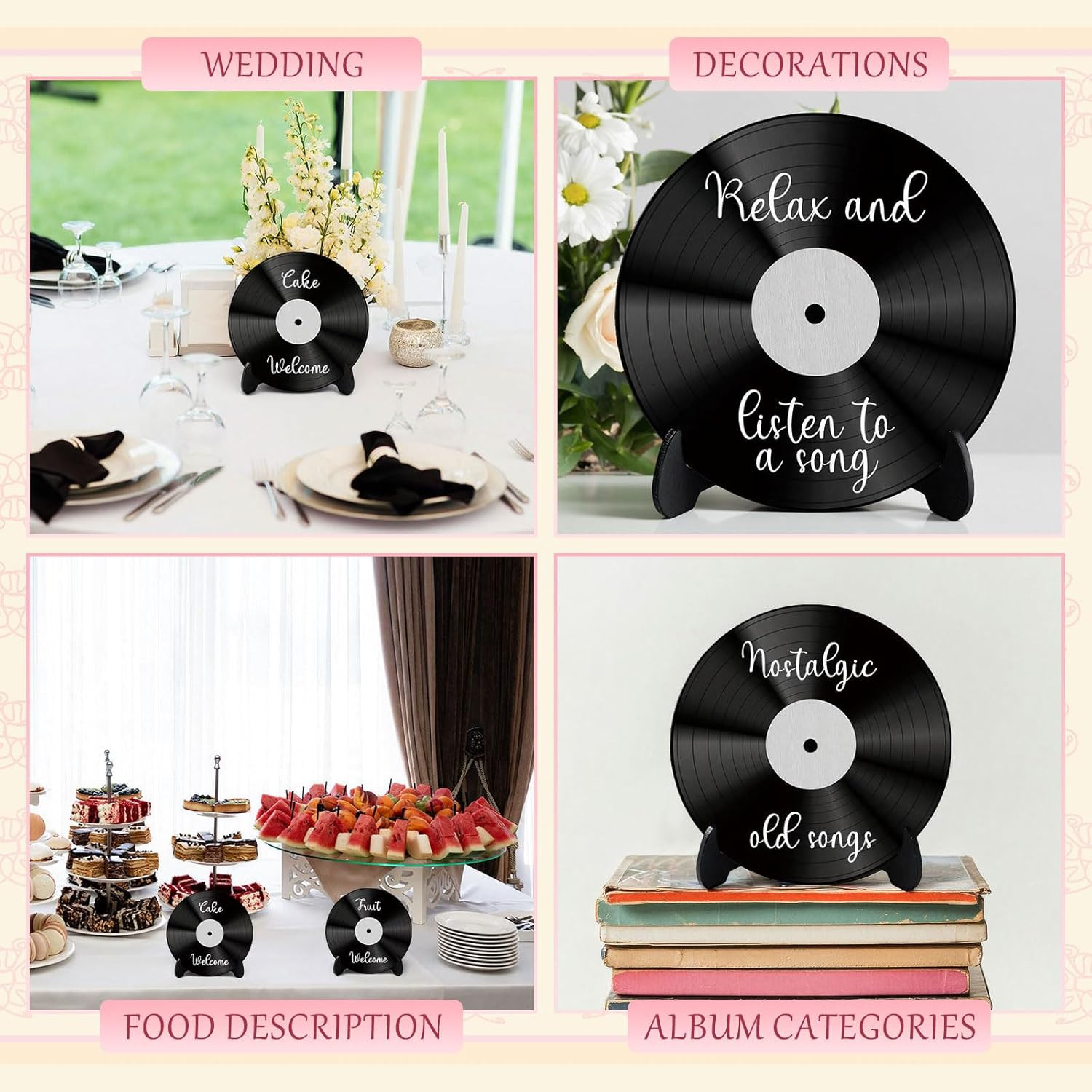 12 Pcs Vinyl Record Wood Wedding Table Numbers with Easel Stand Retro Music Wedd