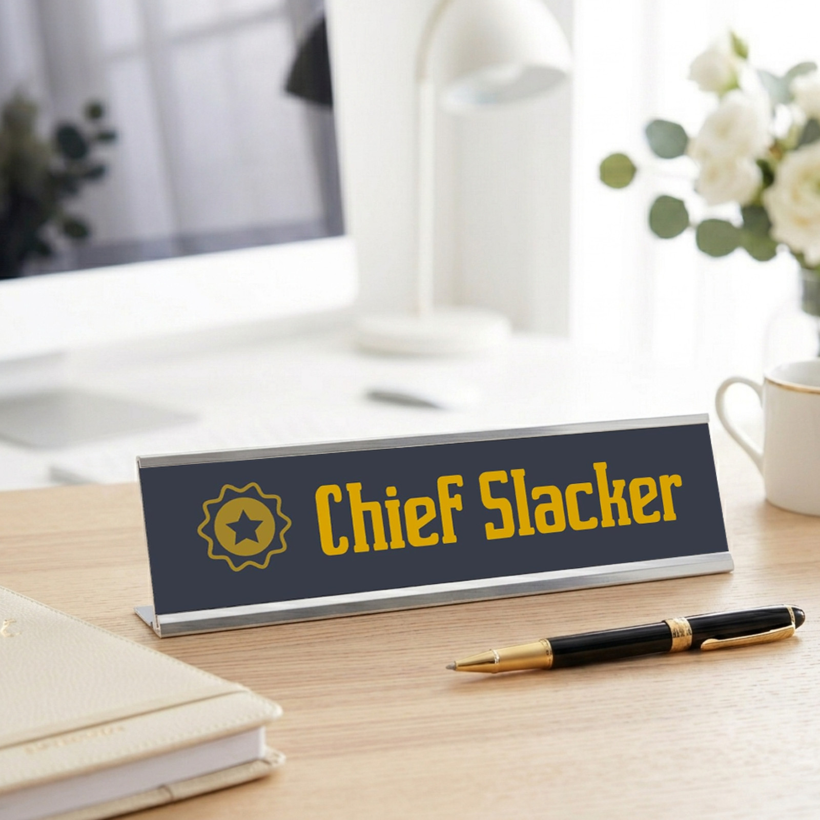 Chief Slacker, Star Silver Frame Desk Sign (2 x 8″)