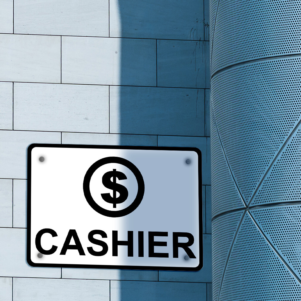 Aluminum Horizontal Metal Sign Cashier Black on White W Symbol Business