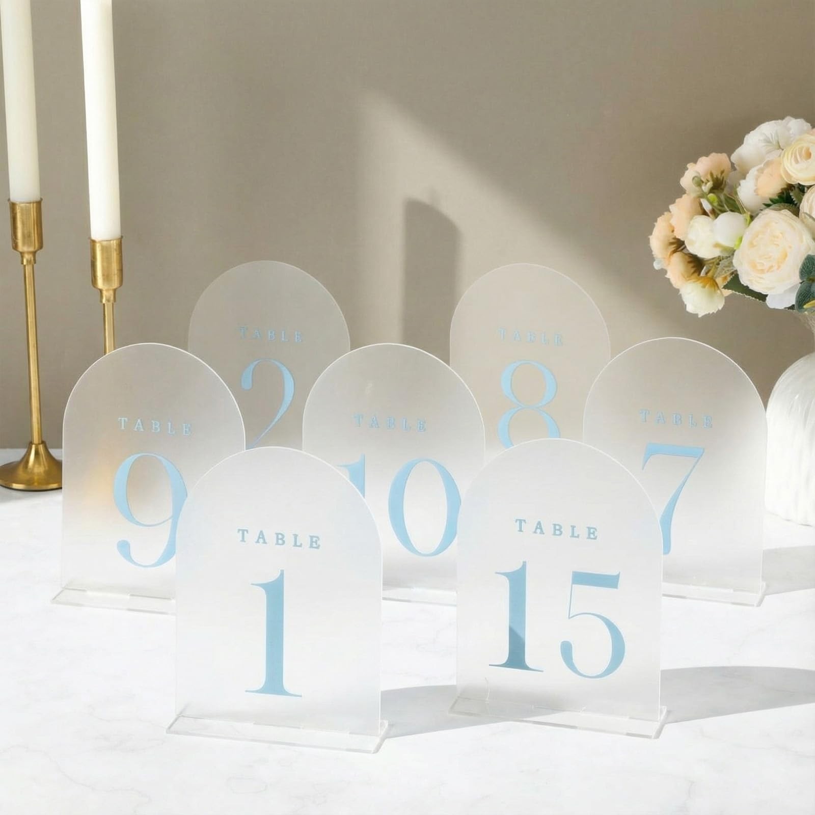 BrightRow 15 Pcs Frosted Arch Wedding Table Numbers with Stands 1-15, 5″x7″ A…