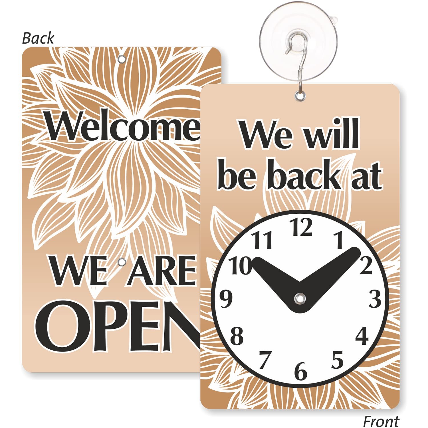 “Two-Sided ‘We Will Be Back’ Clock Sign | Open Closed Plastic 7.75” x 4.75””