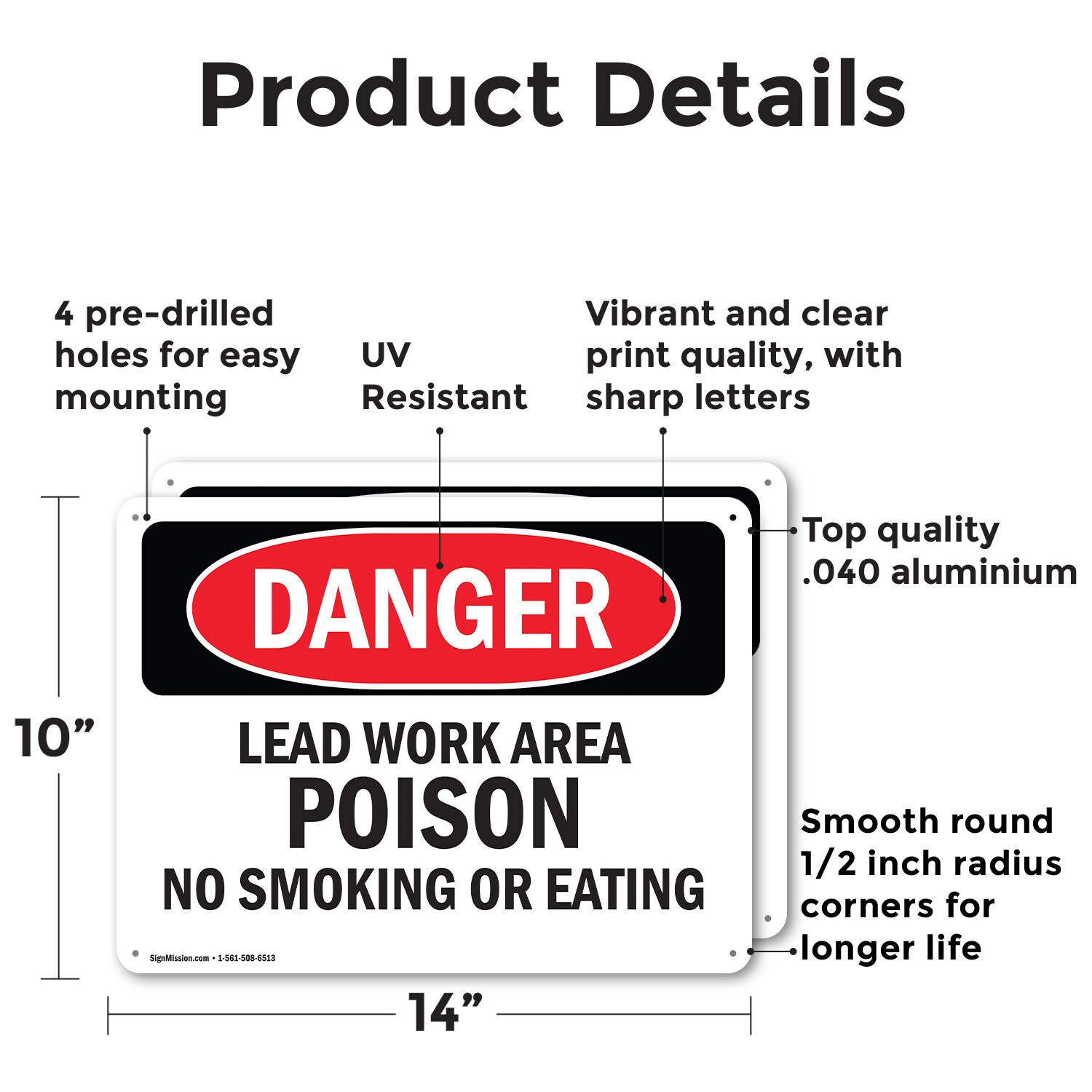 (2 Pack) Lead Work Area Poison No Smoking Or Eating OSHA Danger Sign Decal Metal