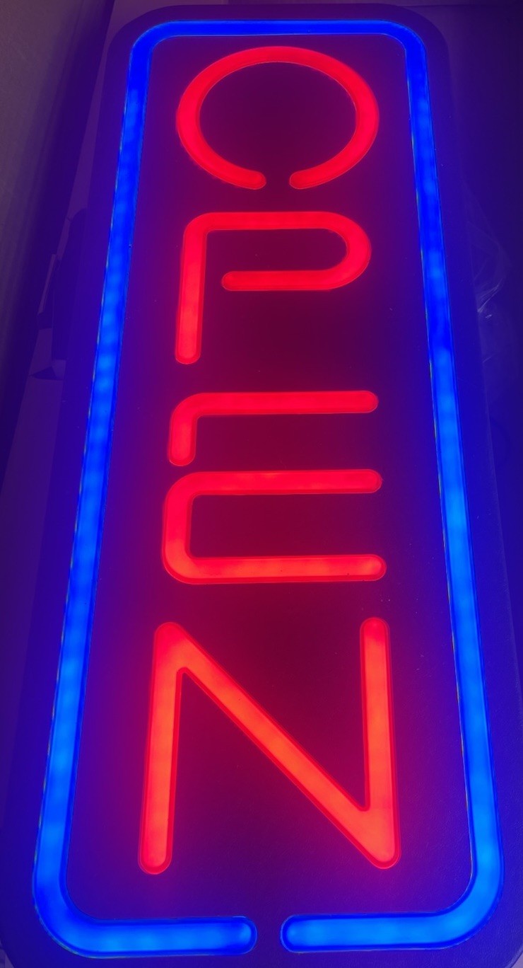 Vertical Neon Illuminated OPEN Business Sign, Red & Blue Lighted Sign