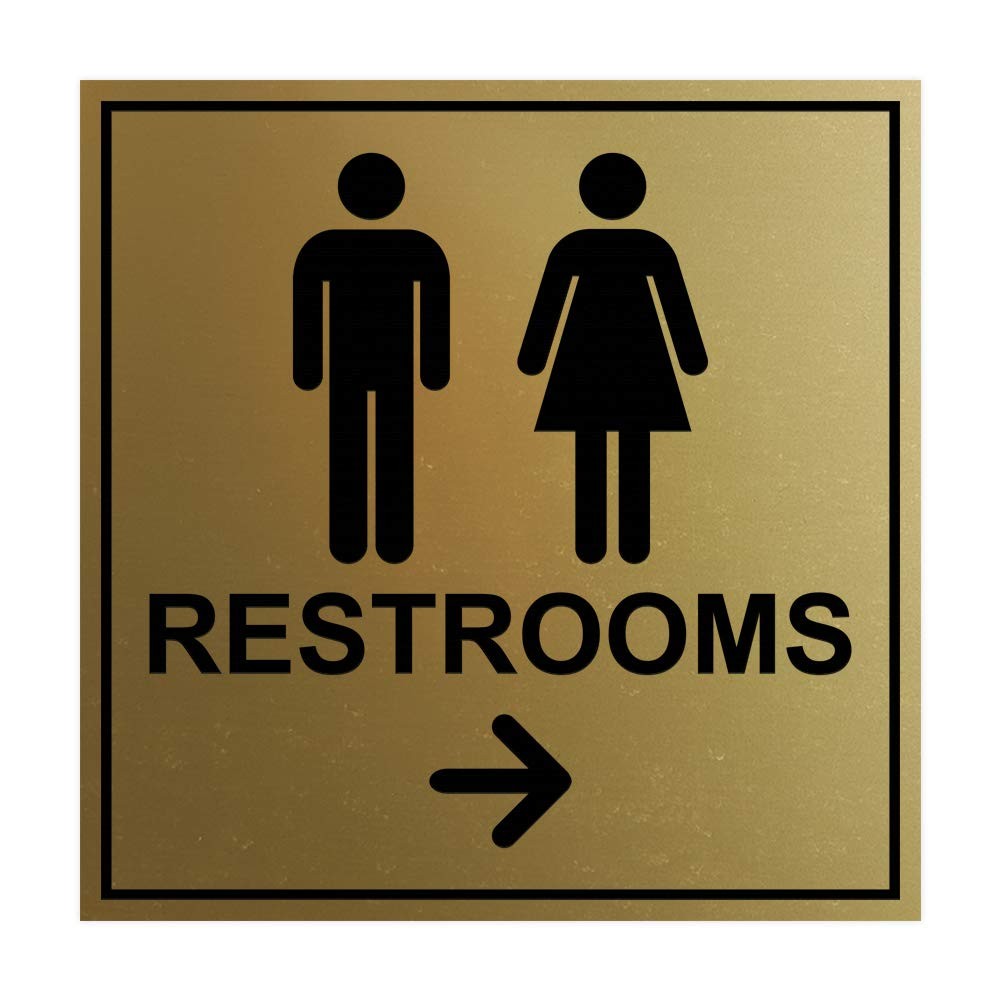 Large Brushed Gold “Square Restrooms Right Arrow” Sign with Adhesive Tape 1 Pack