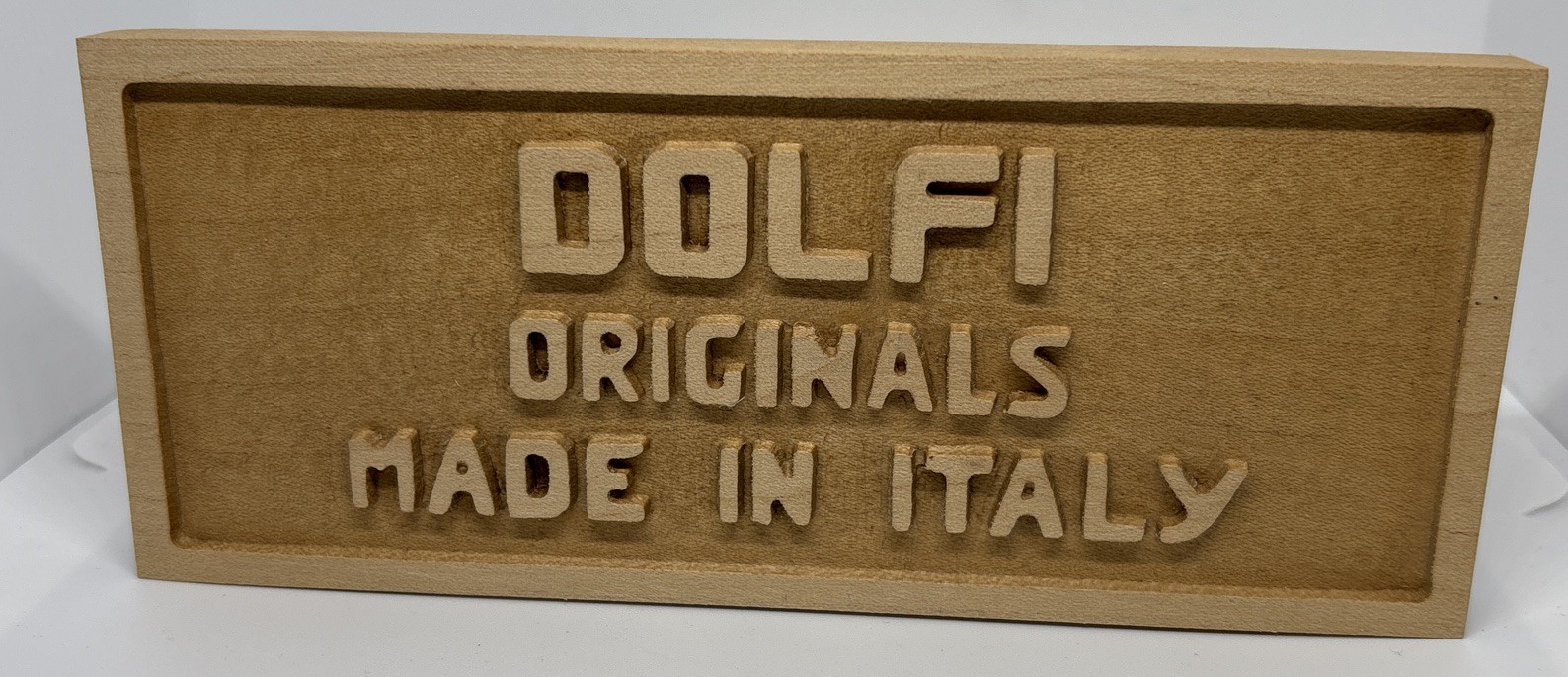 Vintage DOLFI ORIGINALS MADE IN ITALY Advertising Wood Sign 2.75” X 6.5”